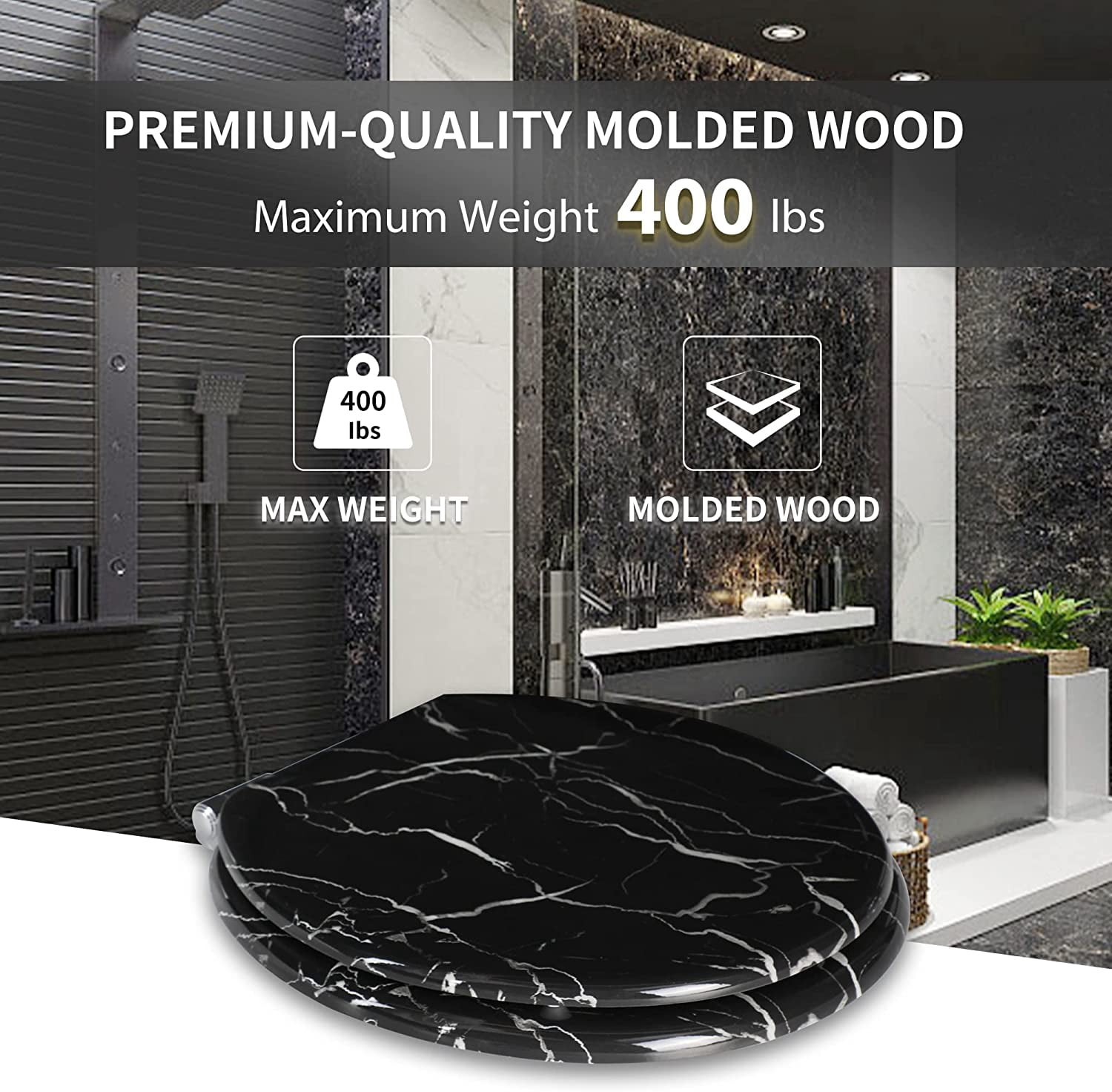 Marble Toilet Seat Durable Molded Wood with Quiet Close,Easy Clean，Quick-Release Hinges (Round,Black Marble)