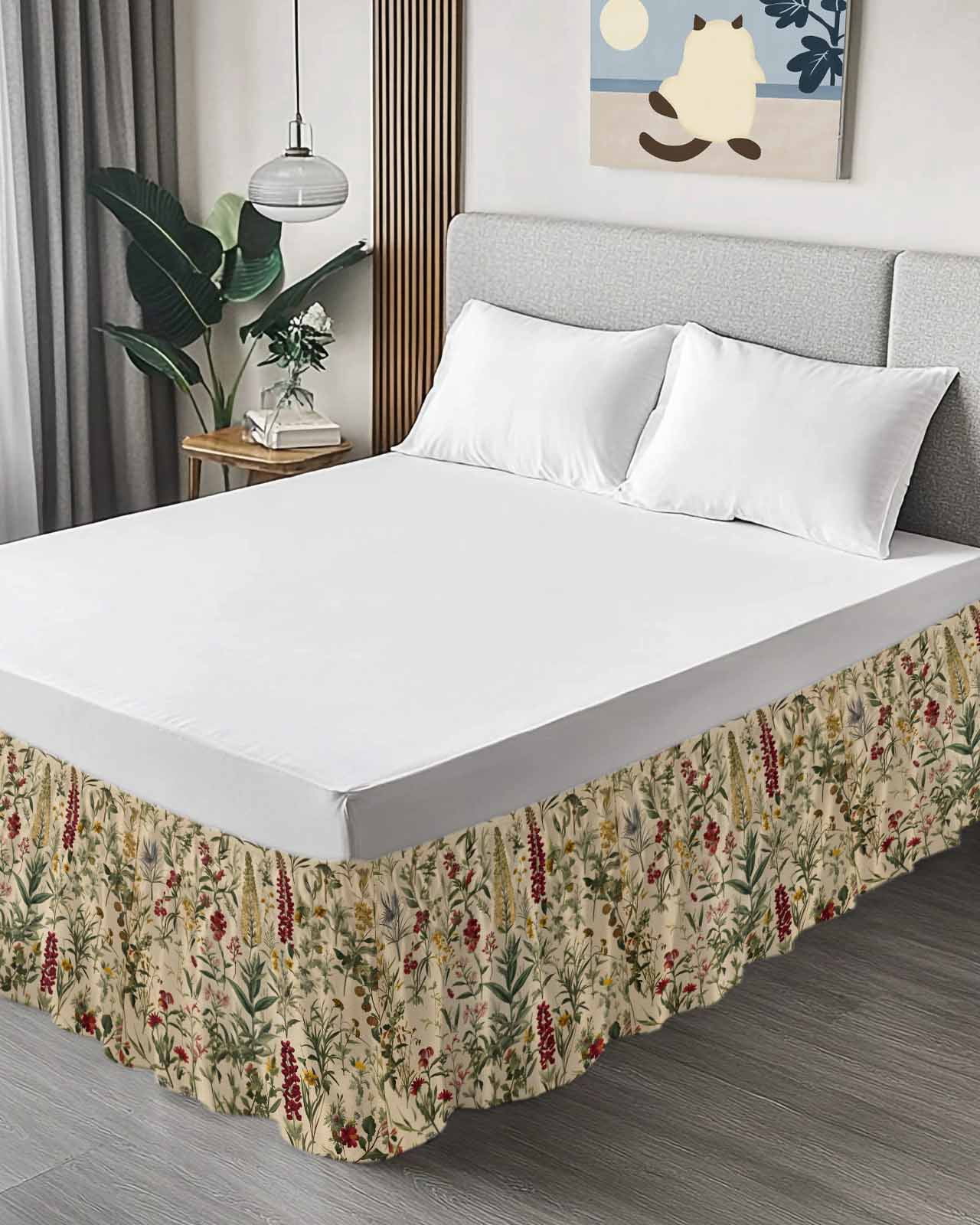 Rustic Botanical Wrap Around Bed Skirts for King Bed 18" Drop, Bed Skirt with Adjustable Elastic Belt Dust Ruffle Bed Valance for Bedroom Hotel Luxury Vintage Floral Wildflower Bed Frame Cover