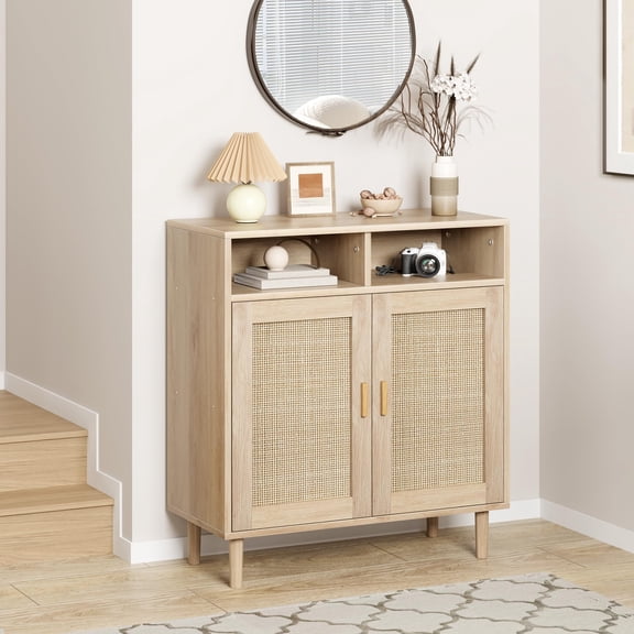 36" Tall Rattan Buffet Cabinet with 2 Doors & Shelf, Wood Sideboard Cabinet for Entryway, Boho Coffee Cabinet