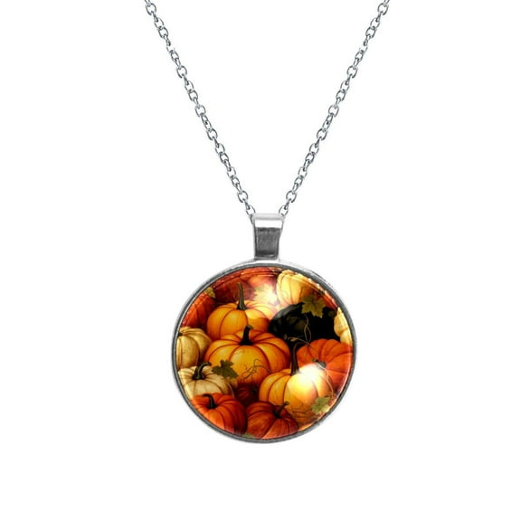 Thanksgiving Pumpkin Circular Glass Pendant Necklace - Women's Statement Necklaces