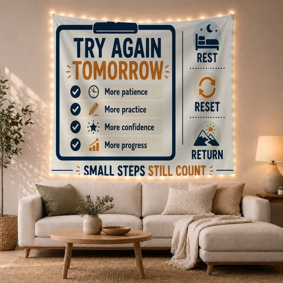 Clean Motivational Infographic with Again Tomorrow Again, Inspirational Illustration for Art Lovers, Wall Decor, Housewarming Gift, Tapestry Wall Hanging for Dorm and Living Room