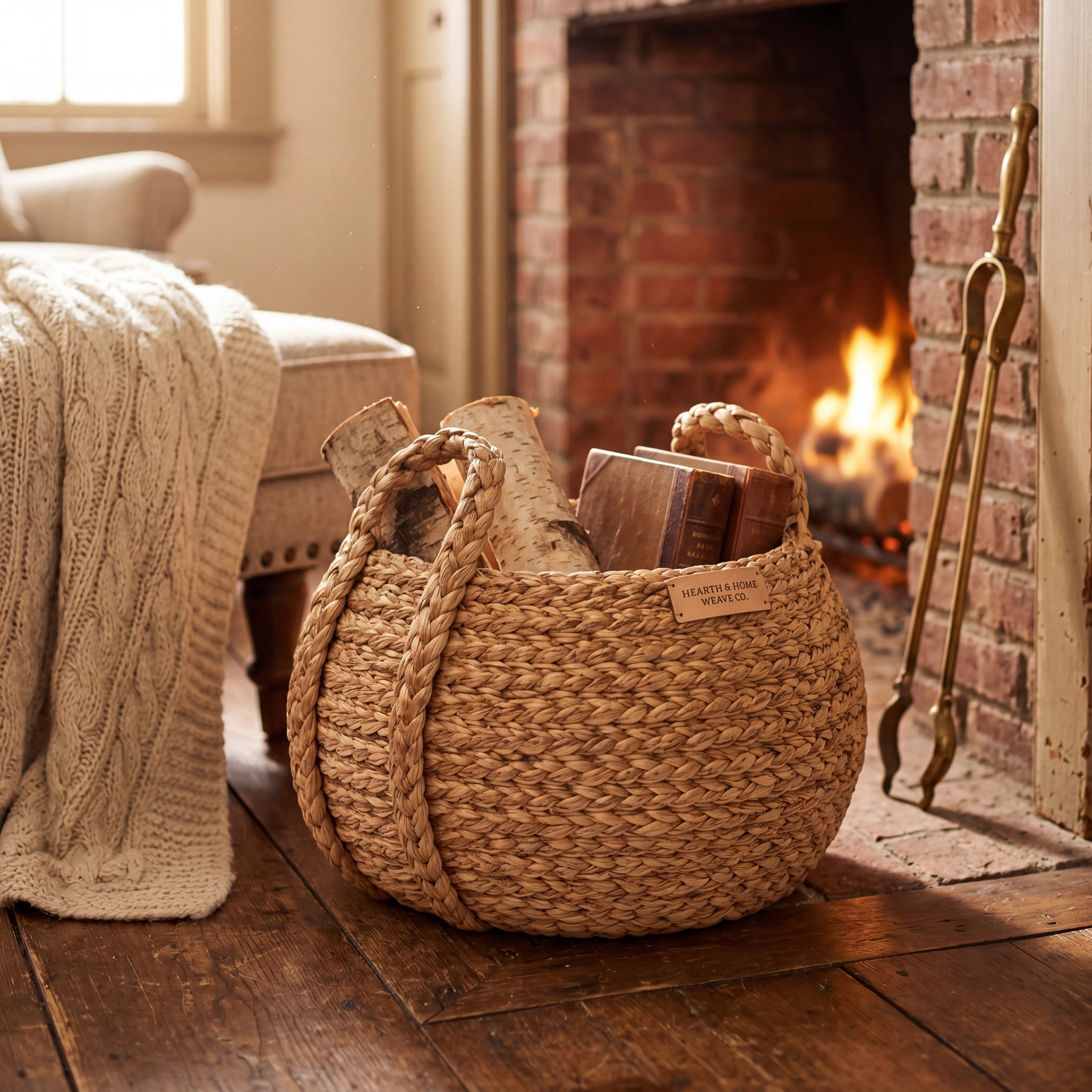 DecMode 15" x 12" Brown Seagrass Handmade Woven Storage Basket with Braided Handles, 1-Piece
