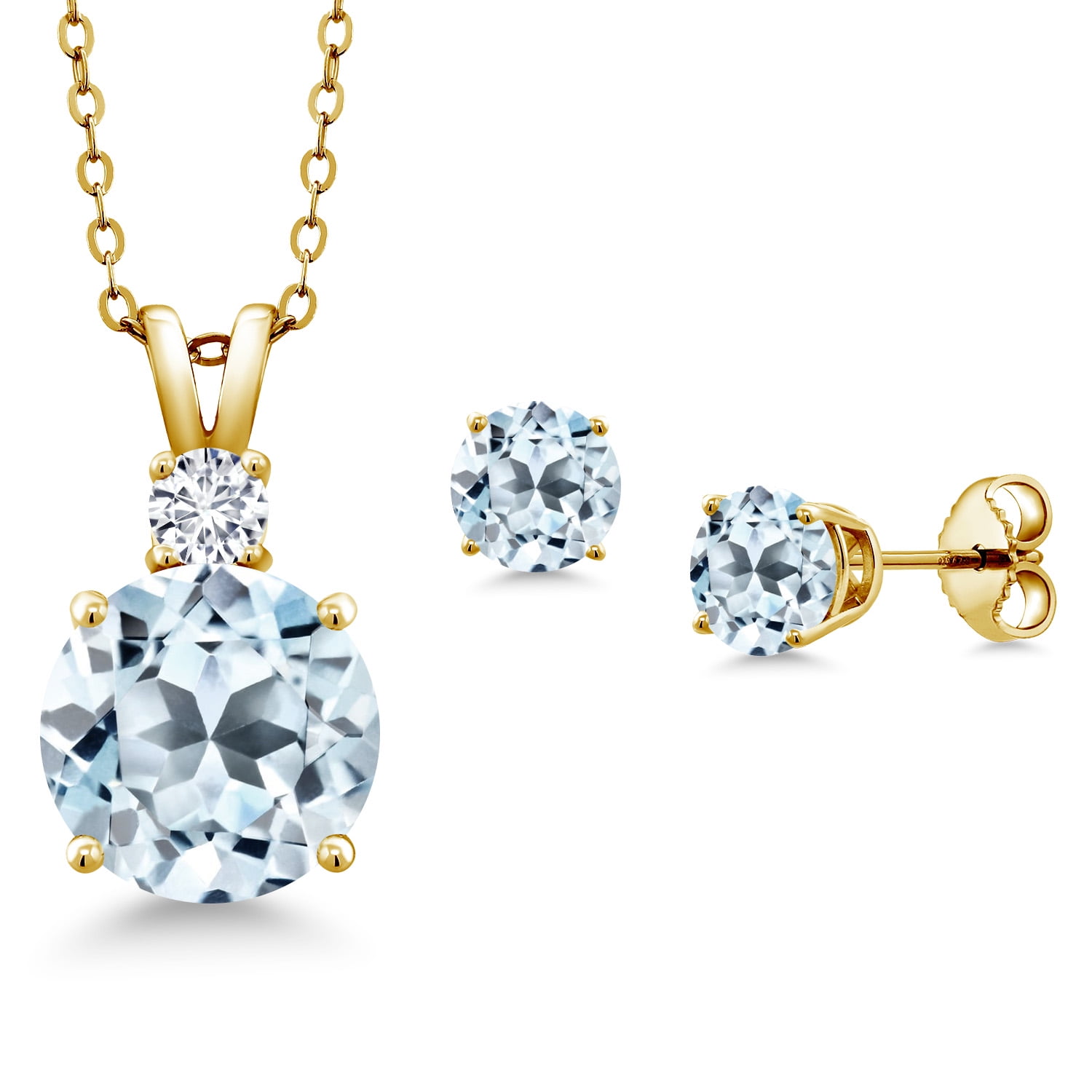 Gem Stone King 18K Yellow Gold Plated Silver Round Sky Blue Topaz and G-H Lab Grown Diamond Pendant and Earrings Jewelry Set for Women (6.34 Cttw, Gemstone Birthstone, with 18 inch Chain)