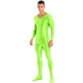 thumbnail image 2 of YONGHS Men's Shiny Glossy Long Sleeve Unitard Full Bodysuit Leotard Jumpsuit Halloween Zentai Fluorescent Green XL, 2 of 5