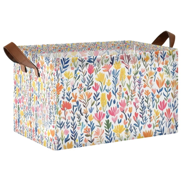 Yayeee Foldable Storage Basket for Shelves Waterproof Cloth Bins with Handles, Yellow Wildflower Pattern