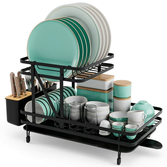 Costway Dish Drying Rack Collapsible 2 Tier Dish Rack and Drainboard Set Kitchen Counter