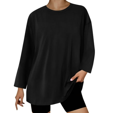 NSLGXD Oversized Shirts for Women Casual Round Neck Long Sleeve T-Shirts Classic Solid Color Blouse Baggy Comfy Tops Lightning Deals of Today Prime