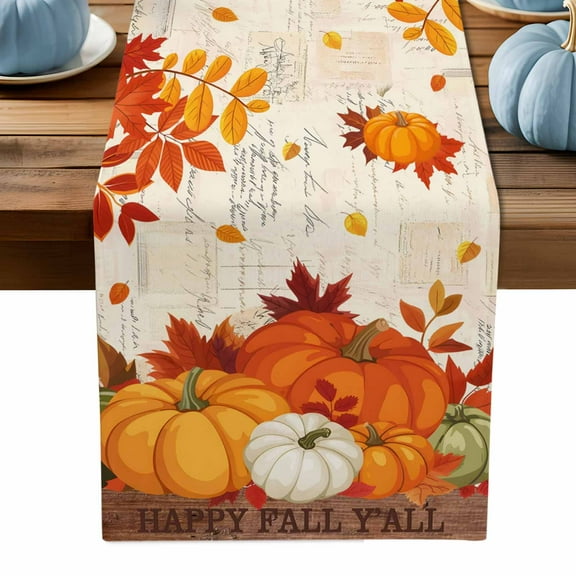 ERUNPONLY Orange Pumpkins Fall Table Runner - 120 Inch Long Thanksgiving Maple Leaf Autumn Retro Cotton Linen Blended Dress Scarves Farmhouse Table Runner for Kitchen Dining, Coffee Table, 13" x 120"