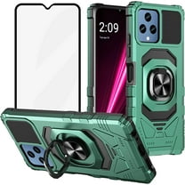 For T-Mobile Revvl 6 5G Dropproof Shockproof Kickstand Ring Stand Phone Case Cover With Tempered Glass Screen Protector - Green