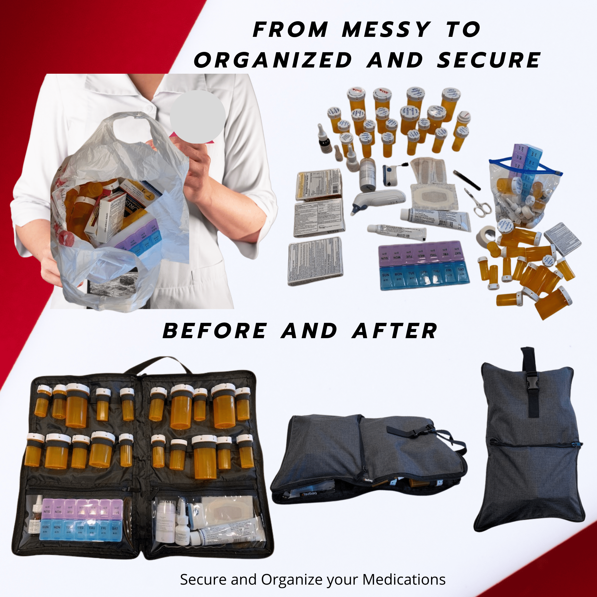 Razbag Travel Medication Bag, Lockable Organizer, 20 Bottles + Pill Box
