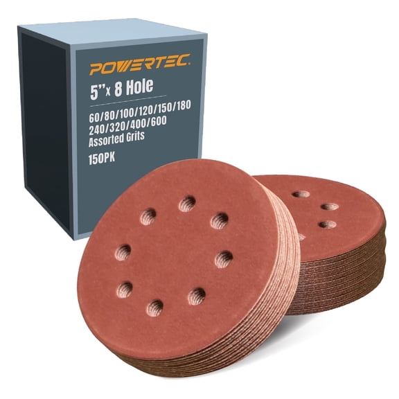 POWERTEC 150PK 5 Inch 8 Hole Hook and Loop Sanding Discs, 60/80/ 100/120/ 150/180/ 240/320/ 400/600 Assorted Grits, Sandpaper for Random Orbital Sanders, 45054