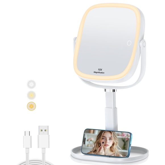 XXZU Espejo con luz para Maquillaje,Espejo de Doble Cara Recargable de 3000 mAh,Espejos de tocador con Soporte para Celular,Aumento de 1X/10X,Giratorio de 360°,