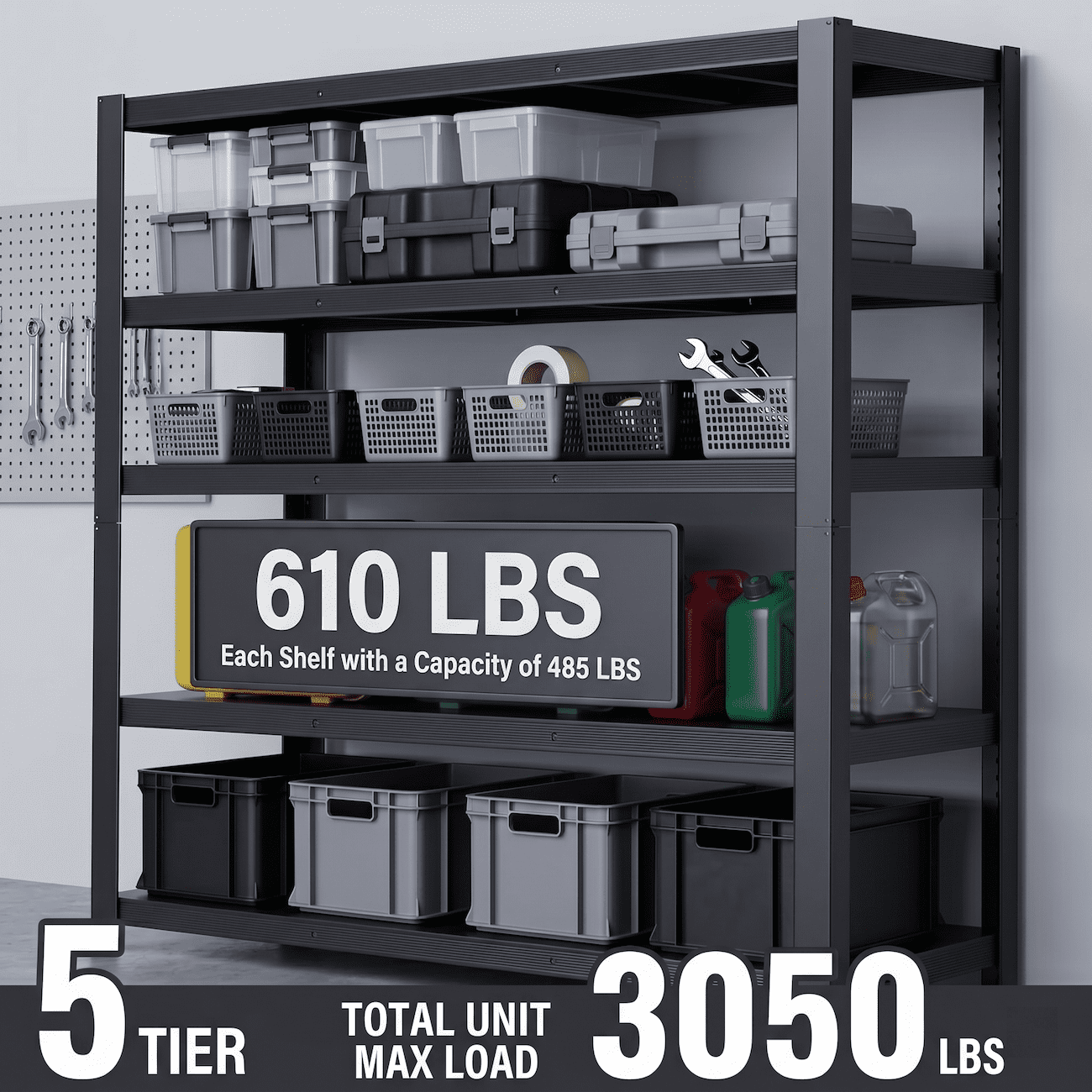 Xiweot Heavy Duty Garage Shelving Unit 3050 LBS Metal Storage Shelves 24"D x 55"W x 84"H, 5-Tier Adjustable Industrial Shelving Rack, Large Garage Storage Shelves for Basement Warehouse Workshop
