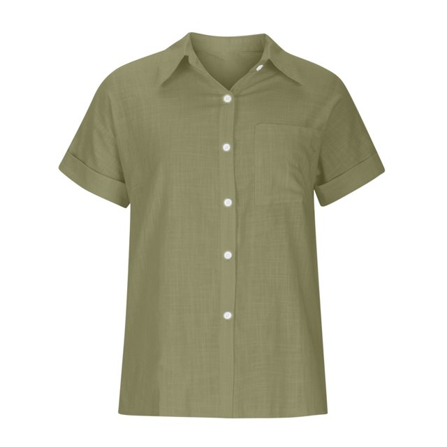 Olyvenn Chemises en Coton et Lin à Boutons pour Femmes Col en V Manches Courtes Retroussables Blouses Amples Col Chemise Hauts Décontractés d'Été Vert Armée P