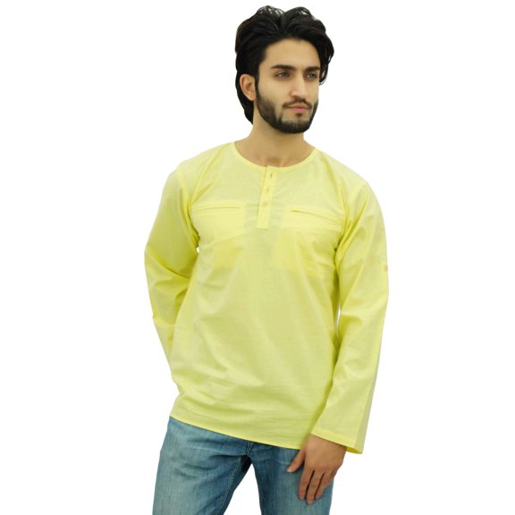 Atasi Men's Round Neck Kurta Cotton Roll-Over Sleeve Yellow Shirt-Medium