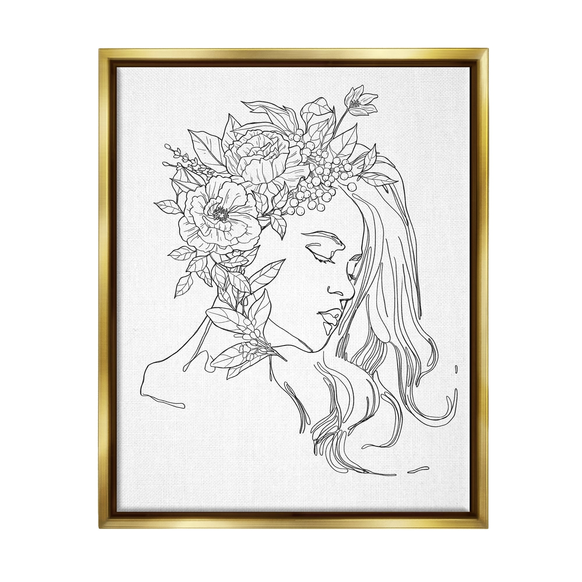 Stupell Industries Woman Face Detailed Blossoming Flowers Line Drawing Graphic Art Metallic Gold Floating Framed Canvas Print Wall Art, Design by Ziwei Li