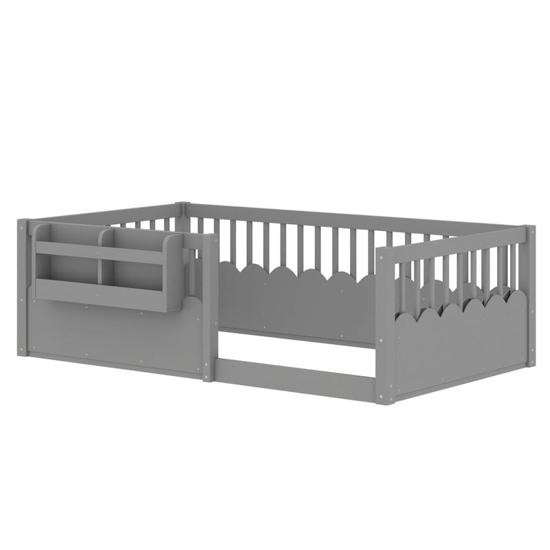 Twin Size Floor Bed with Heightened Fence, Kids Platform Bed Frame with No Slat, Montessori Storage Bed with Bookshelf