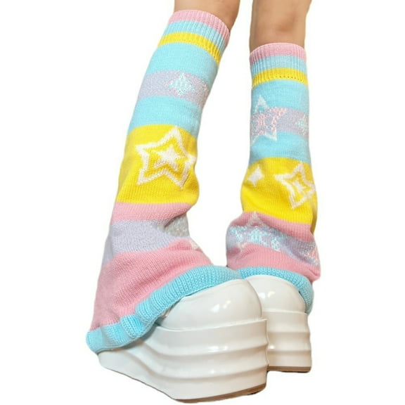 Reversible Flared Leg Warmers Candy Color Striped Star Pattern Knitted Foot Covers for Music Festivals and Street Styles