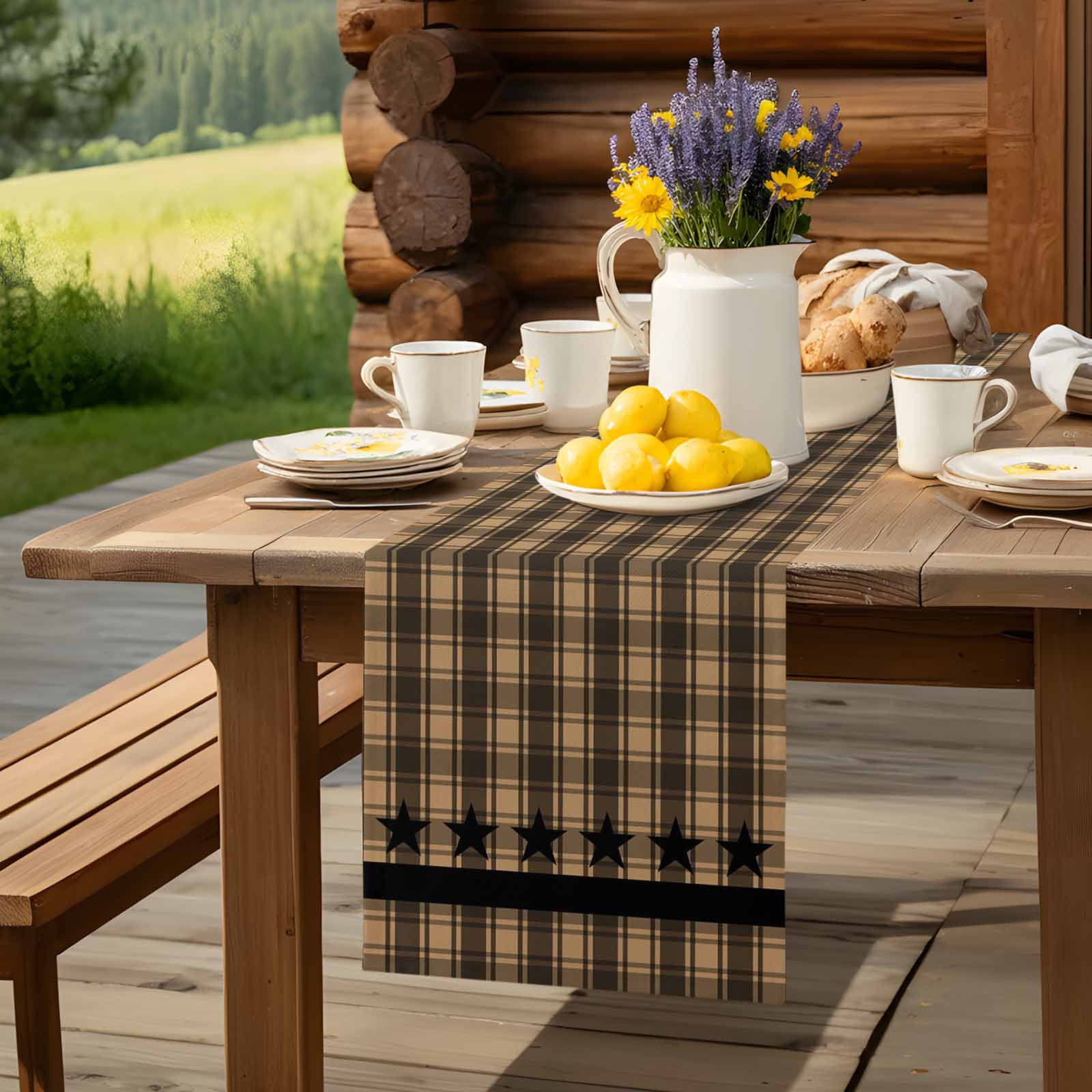 Vintage Black Star on Buffalo Checkered Table Runner 90 Inches Long, Western Farm Table Runners Tabletop Scarf Kitchen Dining Tables Decoration for Home Party Indoor Outdoor