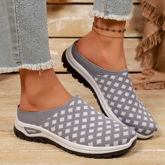 pwidon Women's Mule Sneakers Backless Closed Toe Slip On Platform Checkered Knit Comfort Walking Clogs Gray 5.5