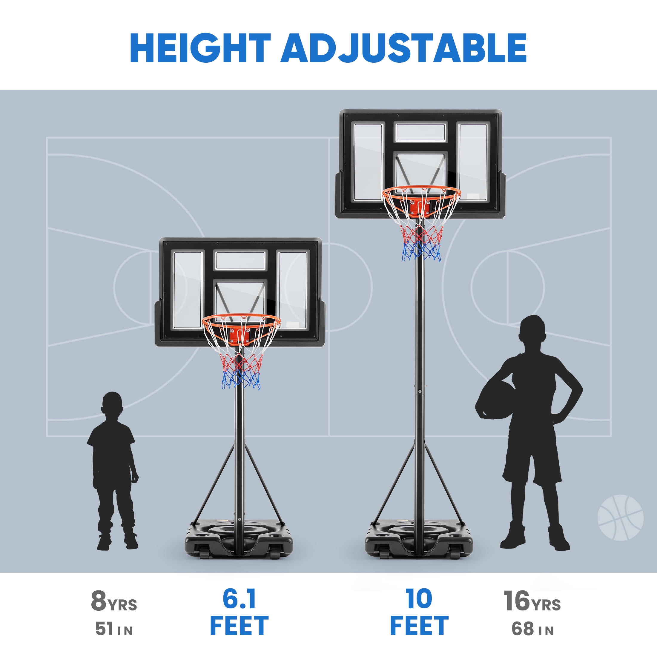 ZUNMOS 6.1-10ft Outdoor Portable Basketball Hoop Goal System, 44 In Shatterproof Backboard, Adjustable Height for Backyard, Poolside