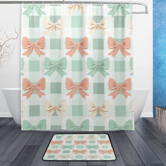 Bathroom Sets Curtain and Rug Sets 23.6x15.7 in Non-Slip Mat and 60x72 in Shower Curtain for Home Bath Dcor Green and Peach Bow Pattern