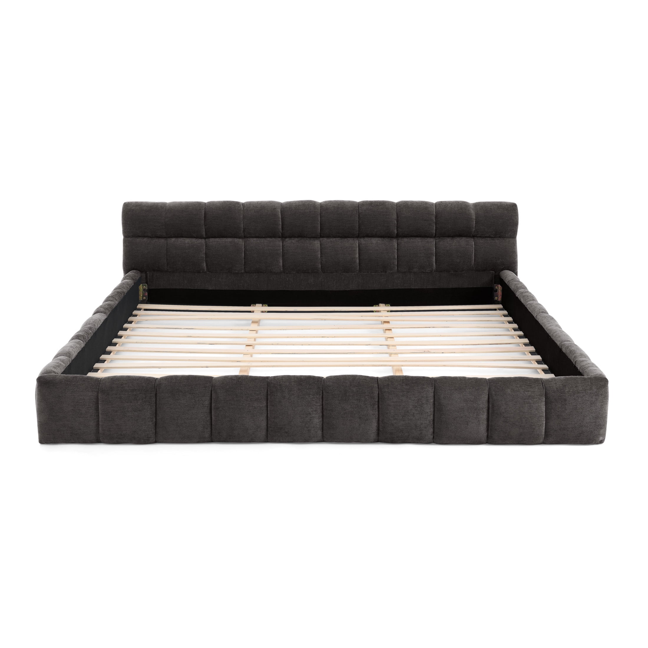 Noble House Oprah California King Size Chenille Upholstered Bed Frame, Modern Solid Frame Grounded Platform Bed, Dark Gray