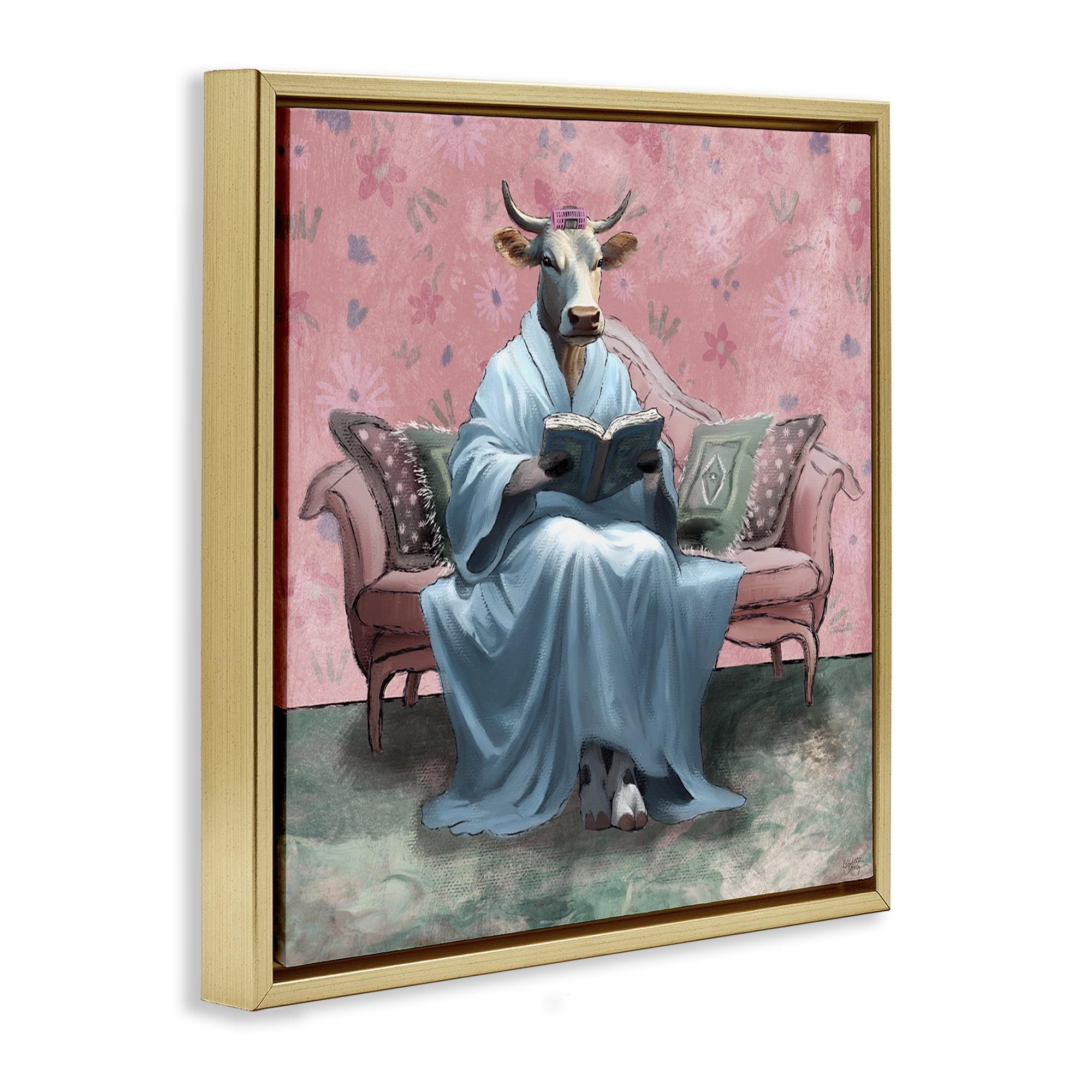 Stupell Industries Cow Reading Evening Book Novelty & Humor Painting Gold Floater Framed Canvas Art Print Wall Art, 18 x 18