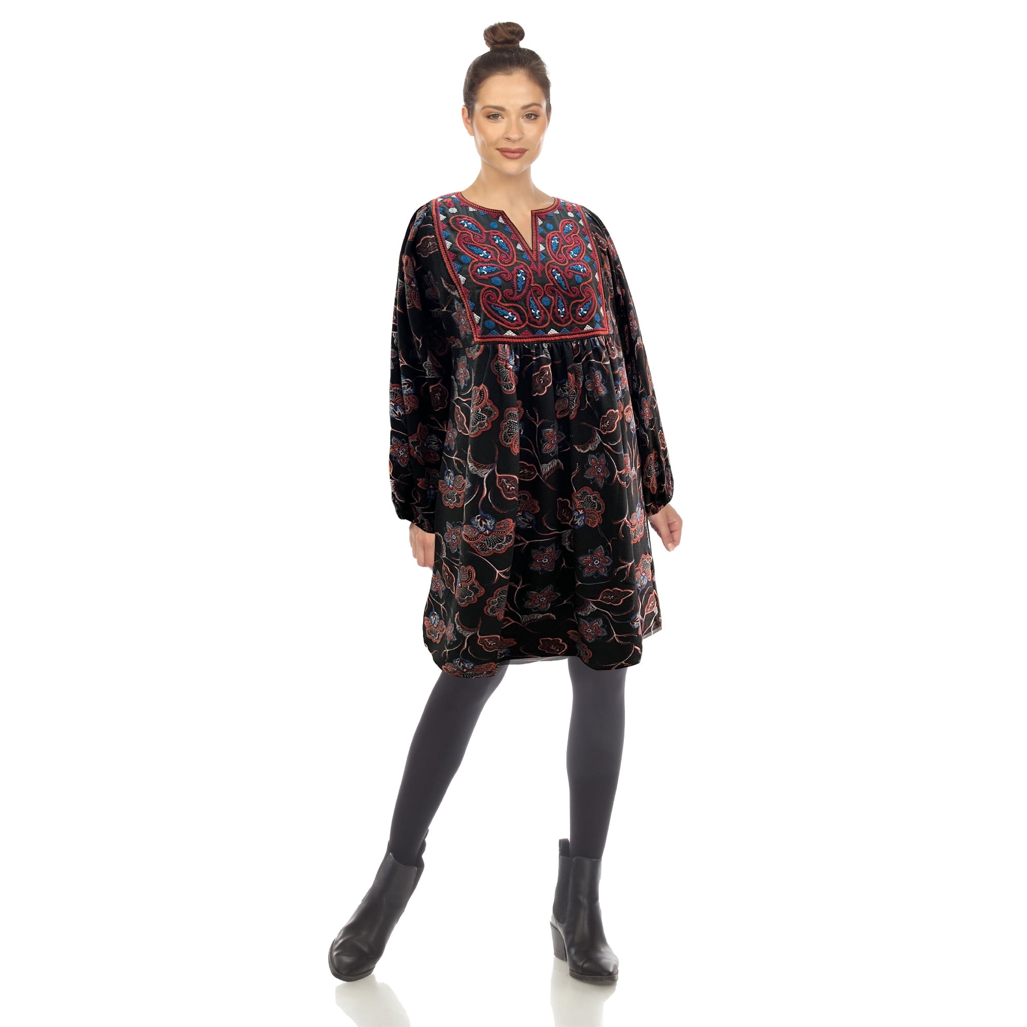 White Mark Women's Long Sleeve Floral Embroidered Sweater Dress