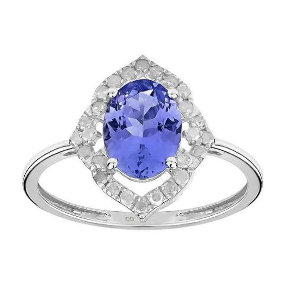 14k Solid White Gold Oval Tanzanite and Natural Diamond Halo Birthstone Engagement Ring