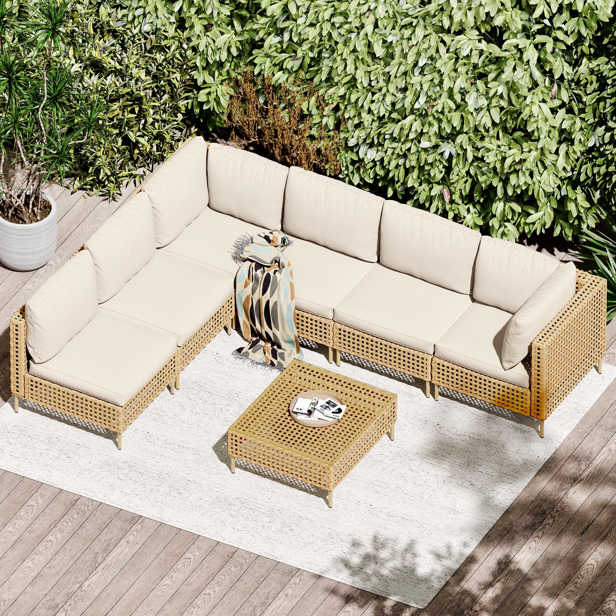 LHBcraft 7-Piece Wicker Patio Furniture Set, Boho Outdoor Conversation Set Sectional Sofa with Water Resistant Thick Cushions and Coffee Table