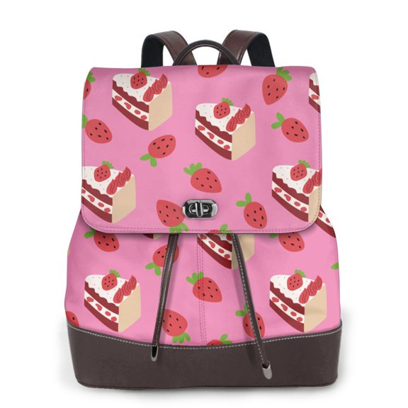 Kuqiui Strawberry Cake Print Leather Backpack Purse For Women Fashion Ladies Vintage Bags Casual College Travel Backpacks bag