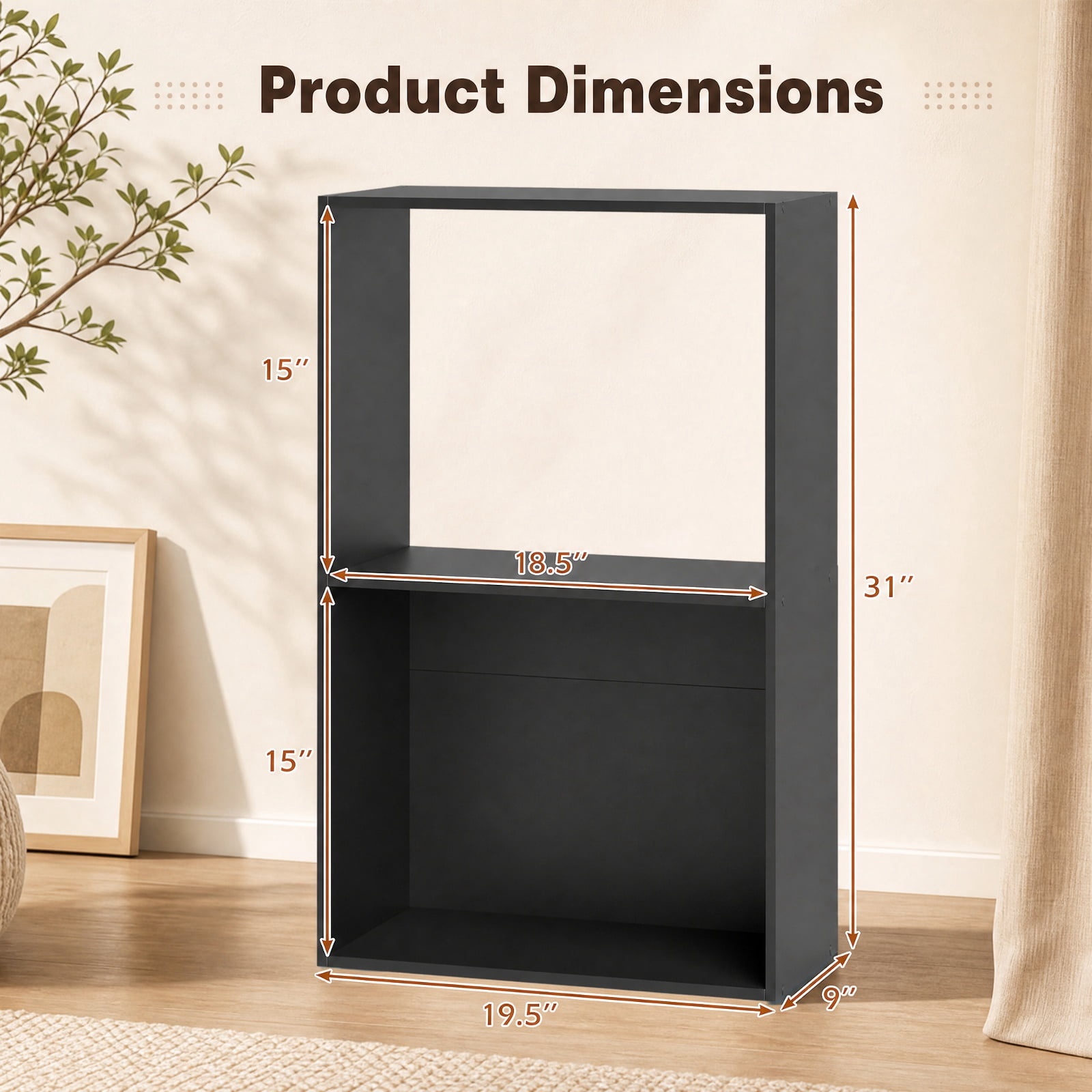 Furnibear 3-Tier Freestanding Bookshelf with Open Storage Compartment Countertop and Anti-Toppling Device for Study and Home Office, Black