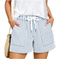 thumbnail image 3 of Women's Solid Color Striped Drawstring Elastic Waist Pants with Multi-Pockets, Soft Polyester Shorts for Casual Summer Travel & Active | TruBelle,Blue L, 3 of 6