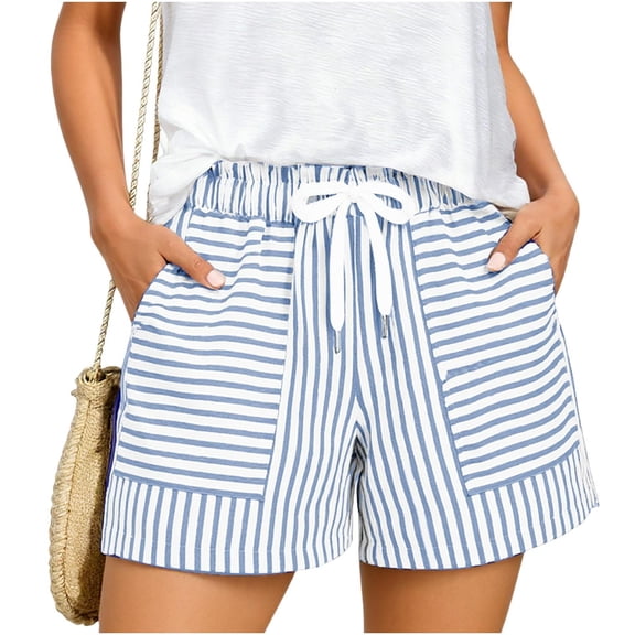 Hurxie Striped Shorts for Women High Waisted Beach Casual Drawstring Pull On Elastic Waist Summer Shorts with Pockets Blue,2XL