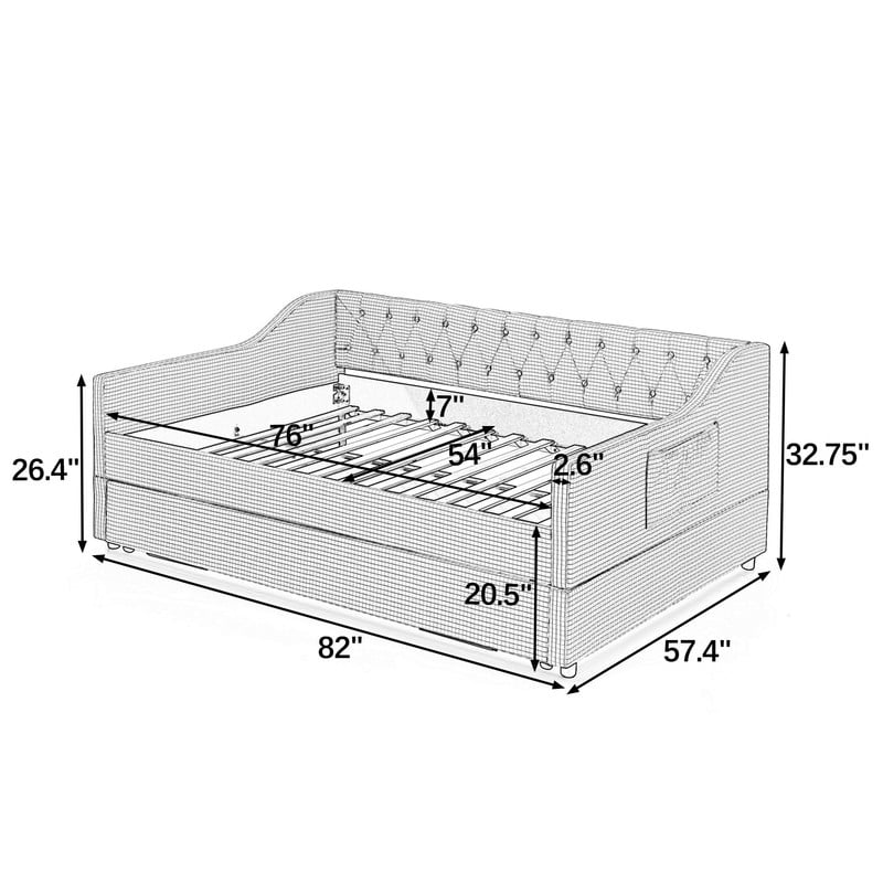 Full Size Daybed with Pop Up Trundle, Gingham Upholstered Daybed Frame with Tufted Button Backrest and Side Storage Pocket, Modern Sofa Bed for Living Room Bedroom