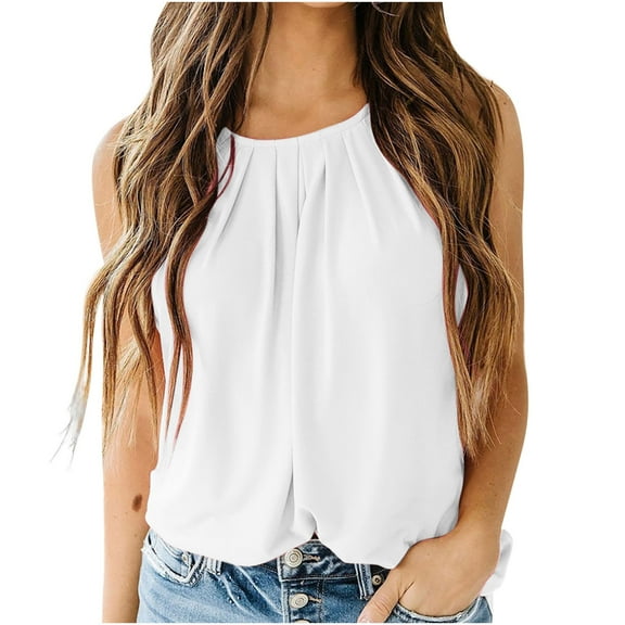 Tank Top for Women Round Neck Pleated Long Flowy Womens Tank Tops Loose Fit Summer Cute Basic T-Shirts 2025 White,XL