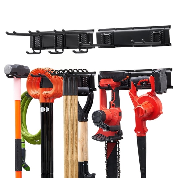 KFFKFF Garage Tool Organizer 33-Inch Wall-Mounted Storage Rack, 400 lbs Capacity, Heavy-Duty Hanging System with 2 Rails and 5 Adjustable Hooks for Garden Tools, Shovels, Rakes, and Sheds
