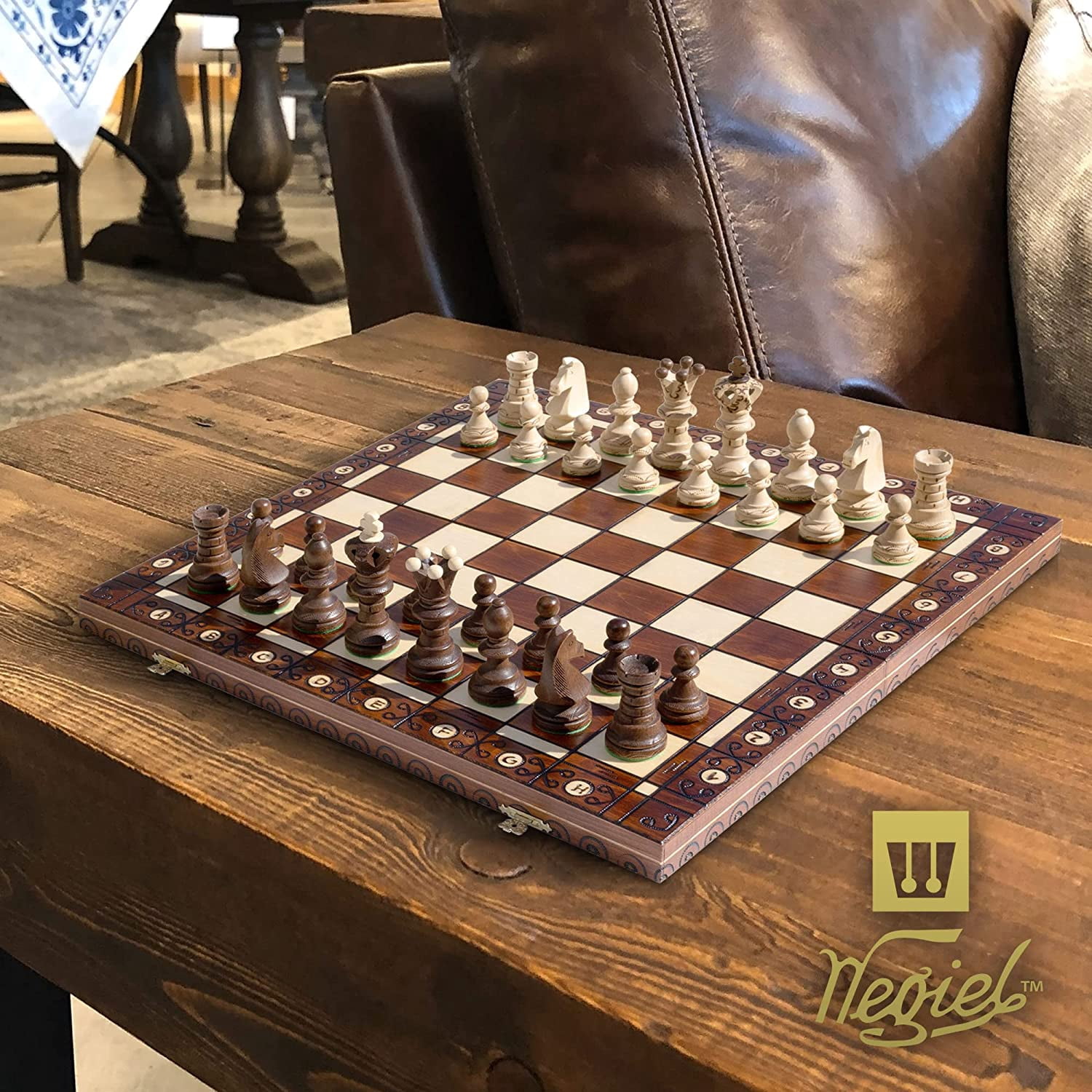 Wegiel Handmade European Ambassador Chess Set - Wooden 21 Inch Beech & Birch Board with Felt Base - Carved Hornbeam & Sycamore Wood Chess Pieces