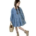 thumbnail image 5 of Mercatoo Girls Square Collar Denim Dress Button Down Long Sleeve Loose 𝐅lowy Knee Length Swing Dress for 4 to 14 Years Girl Dresses, 5 of 5