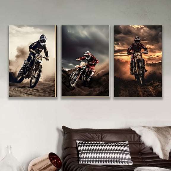 2D Flat 3pcs, Decorative Painting--Frameless, Dirt Bike Rider in Action - High-Impact Wall Art for Adrenaline Lovers, Holiday Gifts, Birthday Gifts, Mothers Day, Fathers Day, home decor, 2D/Flat, Po