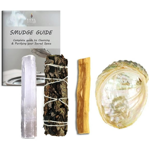 Soul Sticks Beginners Mini Smudge Kit Includes Black Sage 3-4" Abalone Shell Selenite Wand and Palo Santo with Smudging Guide