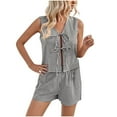 thumbnail image 2 of Fengqque Women's 2 Piece Outfit Sleeveless V Neck Tie Front Top & Shorts Casual Beach Vacation Set Black S(S), 2 of 5