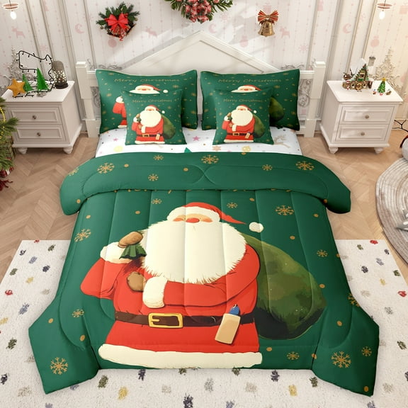 Homewish Cute Santa Claus Twin Bedding Sets 7-Piece, Vintage Green Red Christmas Bedding Comforter Set, Western Winter Festival Reversible Sheet Sets, Microfiber Bedroom Decor