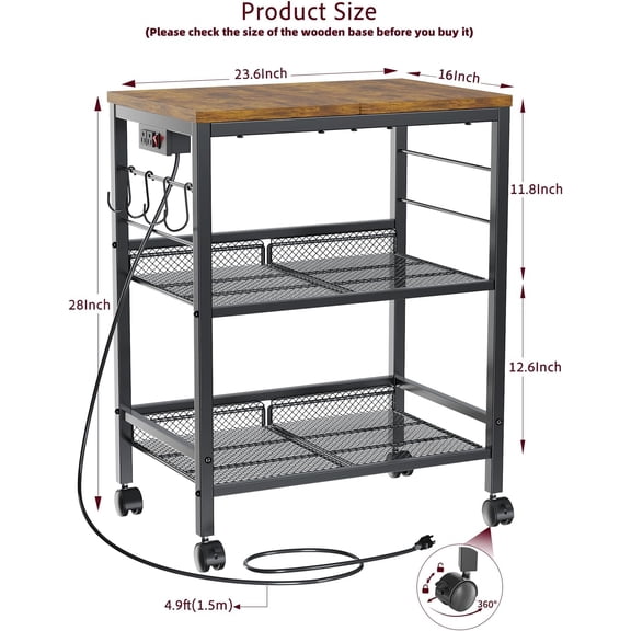 Kitchen Rolling Cart with Power Strip, 3 Tier Microwave Stand on Lockable Wheels, Small Utility Cart with Storage, Coffee bar&Tea Table, Organizer Shelves for Kitchen, Office, Living Room
