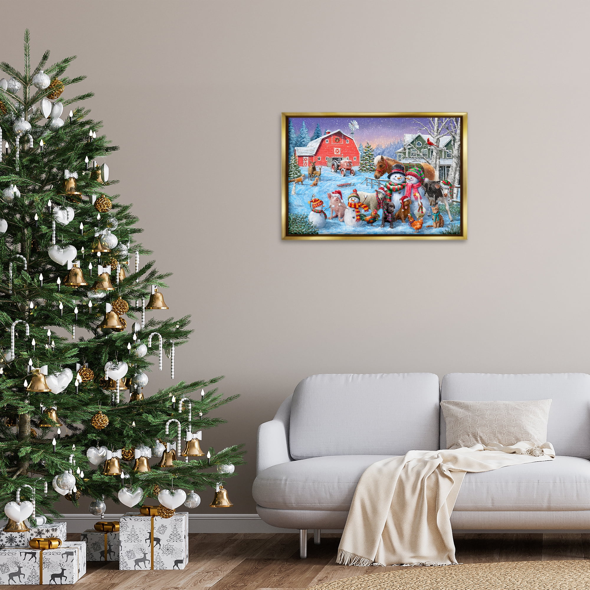 Stupell Industries Snowman & Dogs Family Holiday Painting Gold Floater Framed Canvas Art Prints Wall Art, 31 x 21