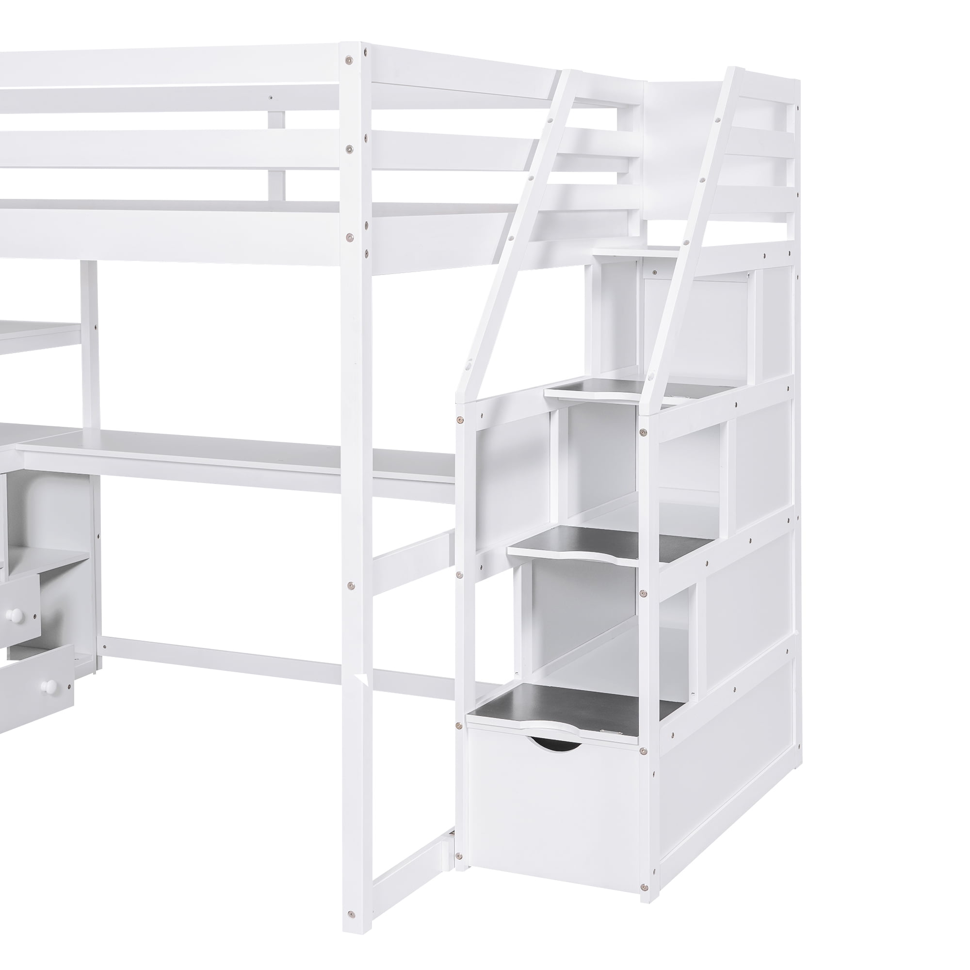 MAYEERTY Full Size Loft Bed - Desk, Shelves, 2 Built-in Drawers, Storage Staircase, White