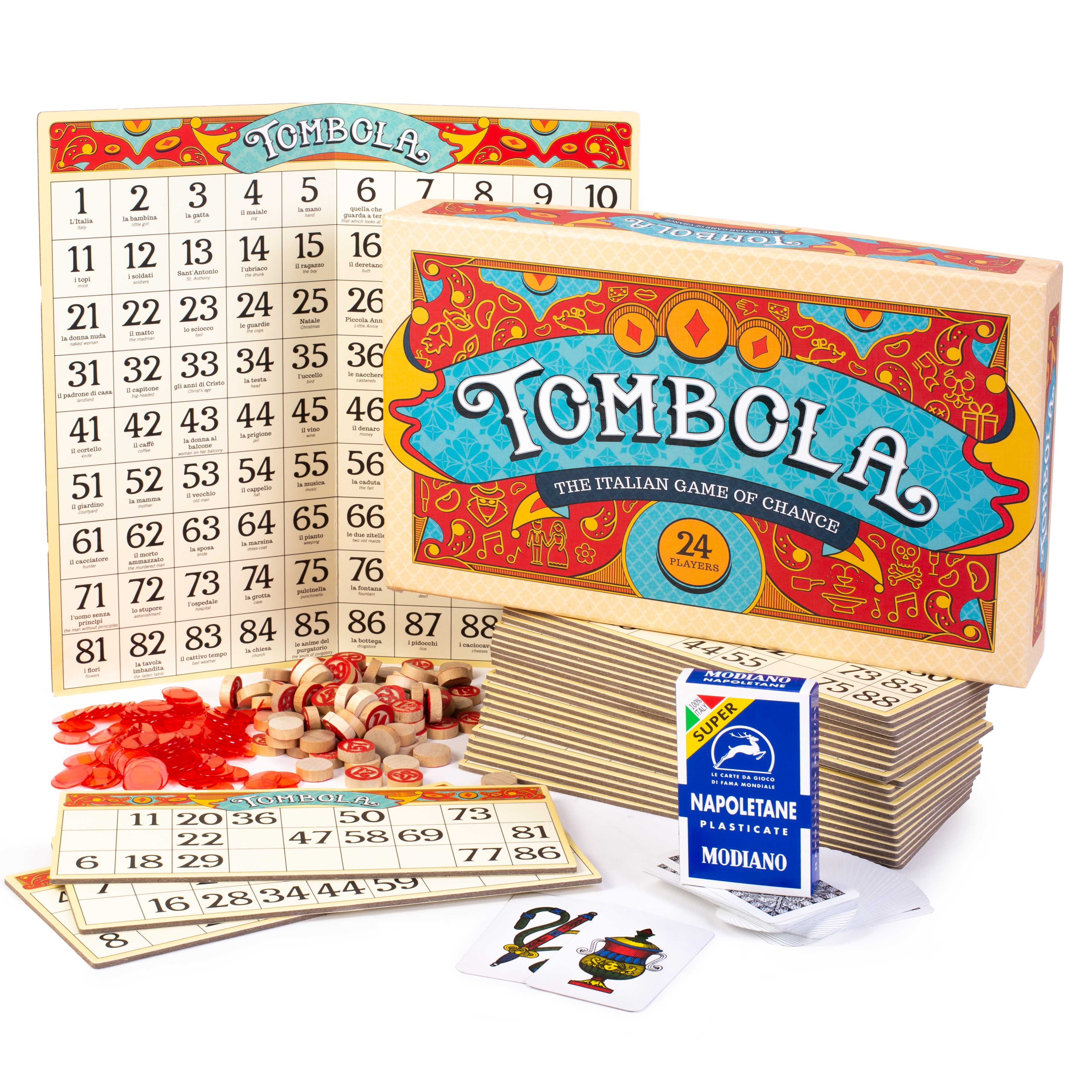 Friends and Large Parties Up to 24 Players! The Italian Game of Chance for Family Tombola Bingo Board Game 90 Tombolini Tiles Includes Calling Board 24 Double-Sided Cards and 360 Chips 