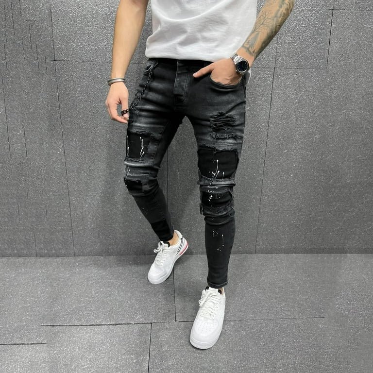 Clearance!Men's Pants Button Cardigan Skinny Denim Pants Casual Patch  Ripped Street 2023 Versatile Jeans