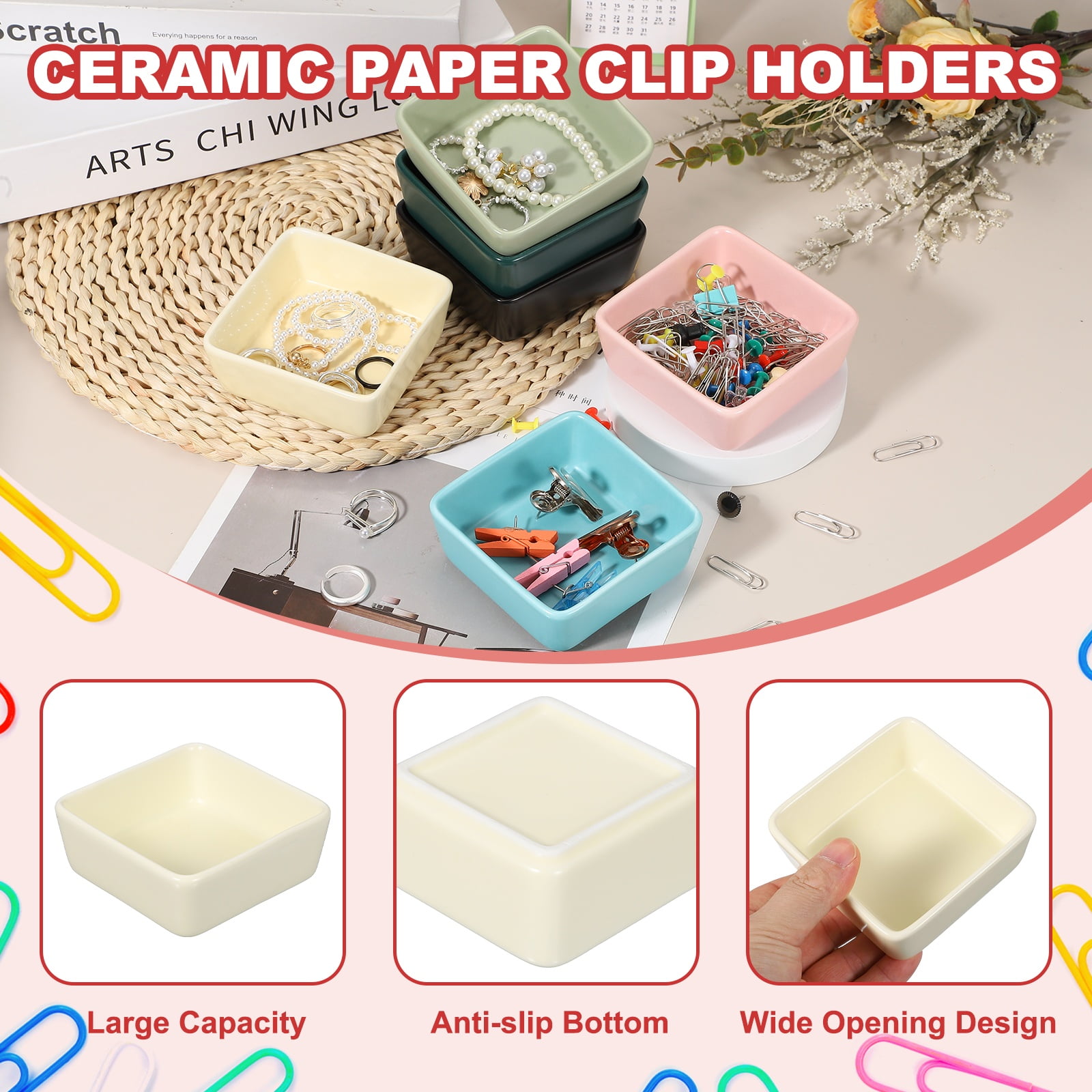 Uxcell Square Paper Clip Holders, 2 Pcs Ceramic Clip Dispenser Organizer Desk Organizer Accessories for Office Desktop Decor Bobby Pin Binder Paper Clamp, Beige